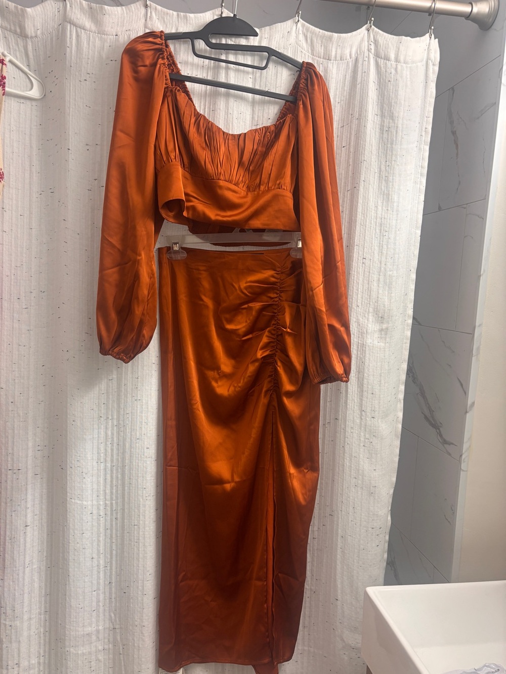 Abercrombie &Fitch Satin Rust Orange Ruched Skirt and top. NWT